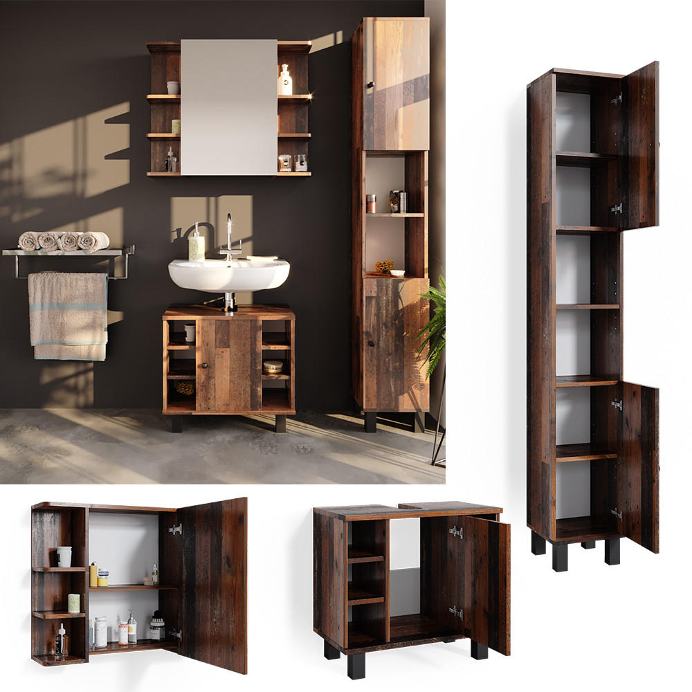 BADMÖBEL-SET Fynn Eiche rustikal 3 Teile, mit Hochschrank - Wildeiche, Holzwerkstoff (60/54/32cm) - Vicco
