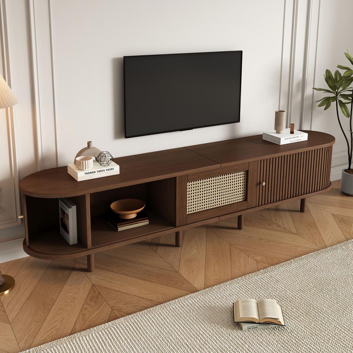 TV-STÄNDER 180cm Oval Nussbaum Rattan-Design verstellbare Füße - Braun, Holz (49.5/14.5/120cm) - FLIEKS