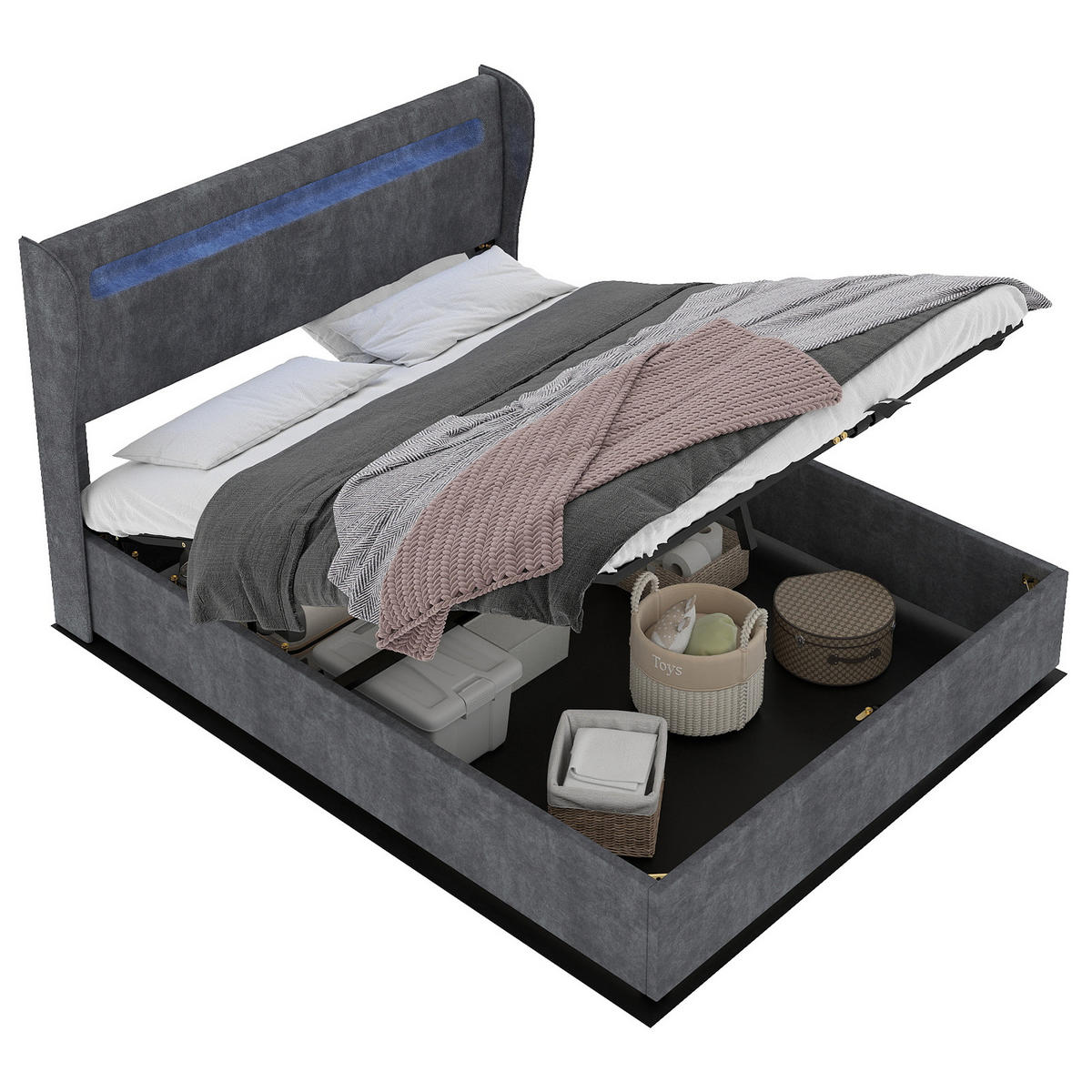 POLSTERBETT 160x200 cm LED Stauraum grau - Grau, Textil (160/200cm) - LEBENLANG