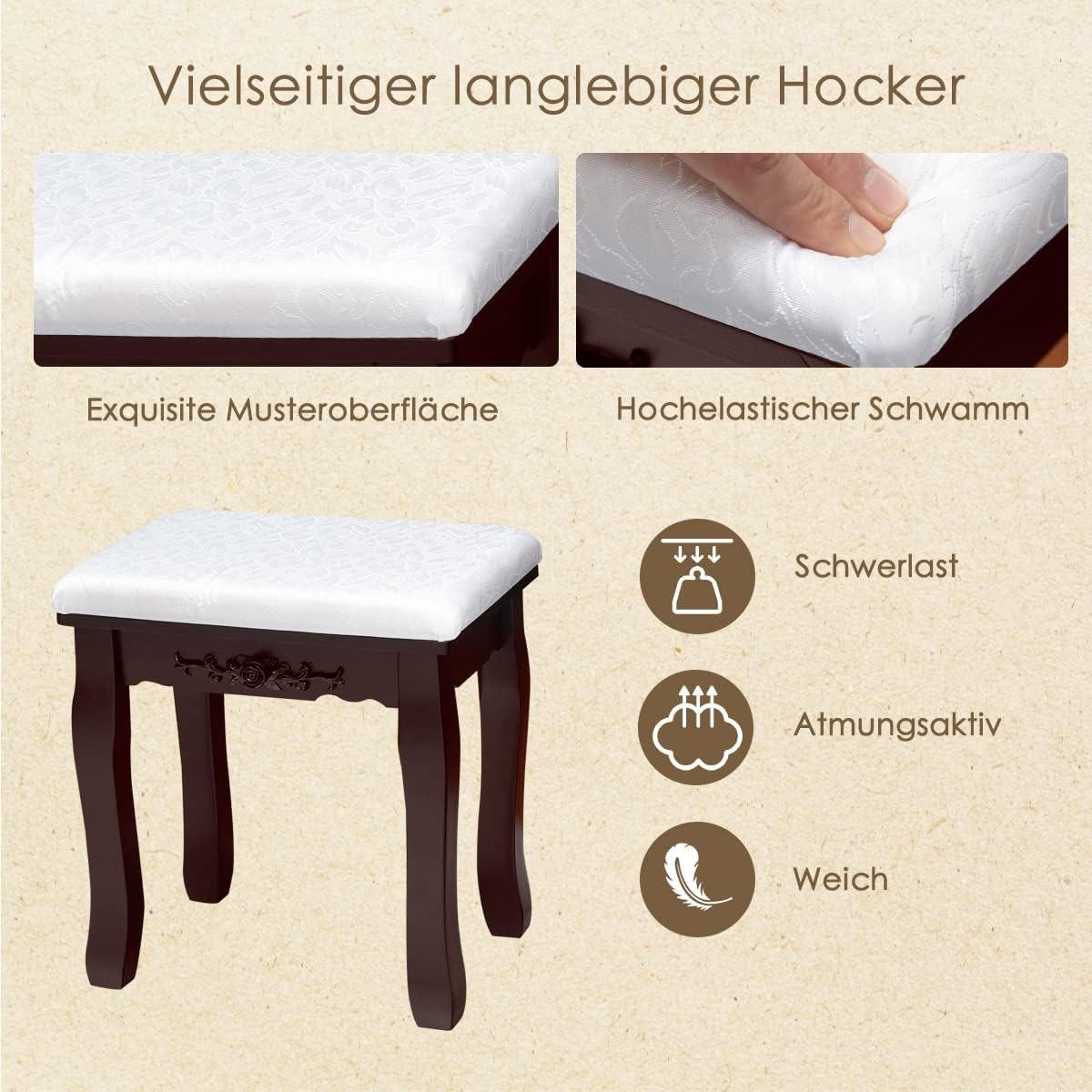 SCHMINKTISCH mit Hocker Weiß - Braun, Holz (40/144/70cm) - COSTWAY