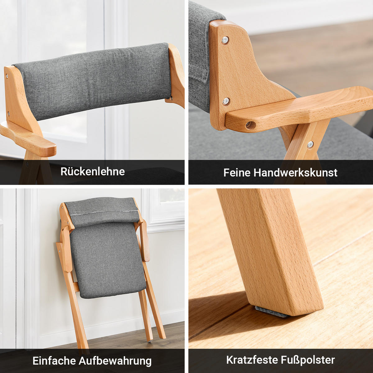 KLAPPSTUHL aus massivem Buchenholz mit Polsterung, Grau - Grau, Holz (61.5/77.6/56cm) - SoBuy