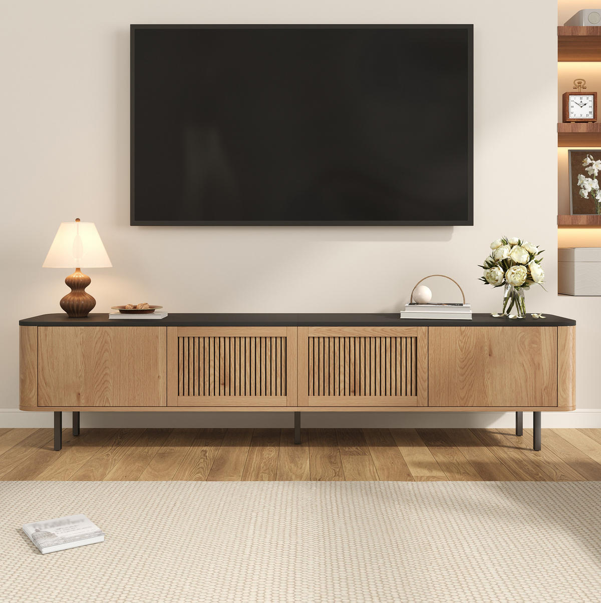 TV ormarić od MDF-a i iverice 190x35x45 cm hrast s rešetkastim vratima, pretincima i metalnim nogama - smeđa, drvni materijal (190/45/35cm) - Modfu