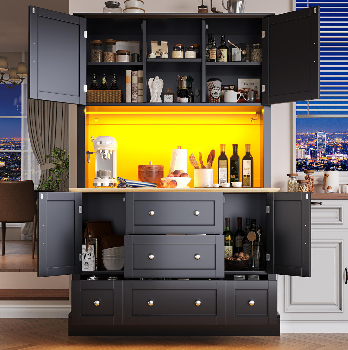 ANRICHTE 115/40/180 cm in Schwarz/Natur mit LED-Beleuchtung und 3 Schubladen - Schwarz, Holzwerkstoff (115/180/40cm) - Flora Grace
