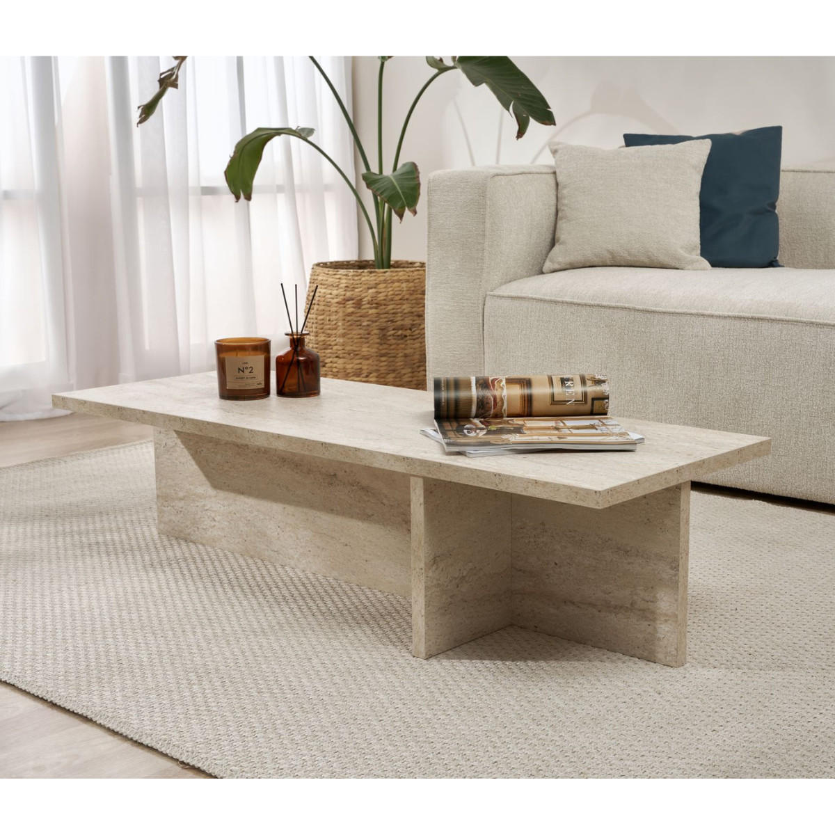 COUCHTISCH mit rechteckiger Platte und asymmetrischem Fuß L120 cm - HARBOR - Beige, Holzwerkstoff (50/45/30cm) - Calicosy