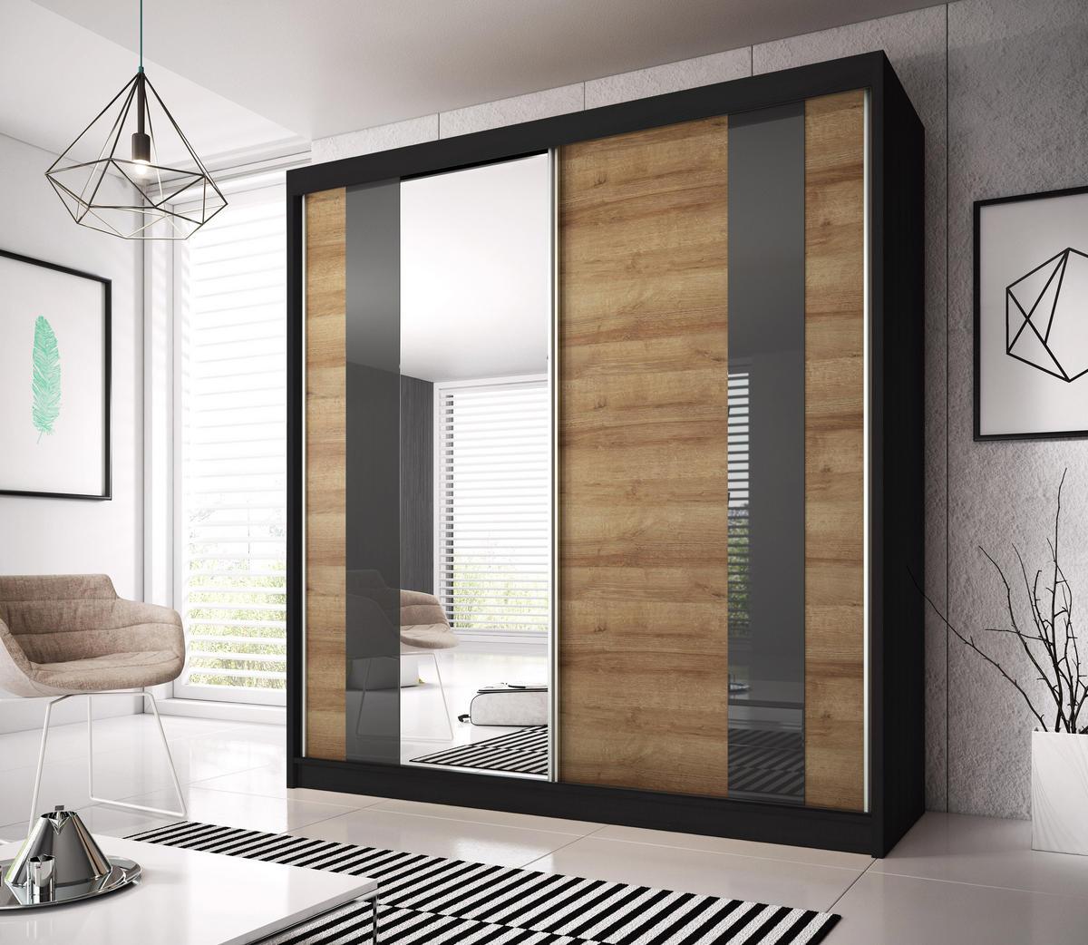 SCHIEBETÜRENSCHRANK - Schrank BEN 39 Schwarz - Schwarz, Holzwerkstoff (183/218/61cm) - Möblo