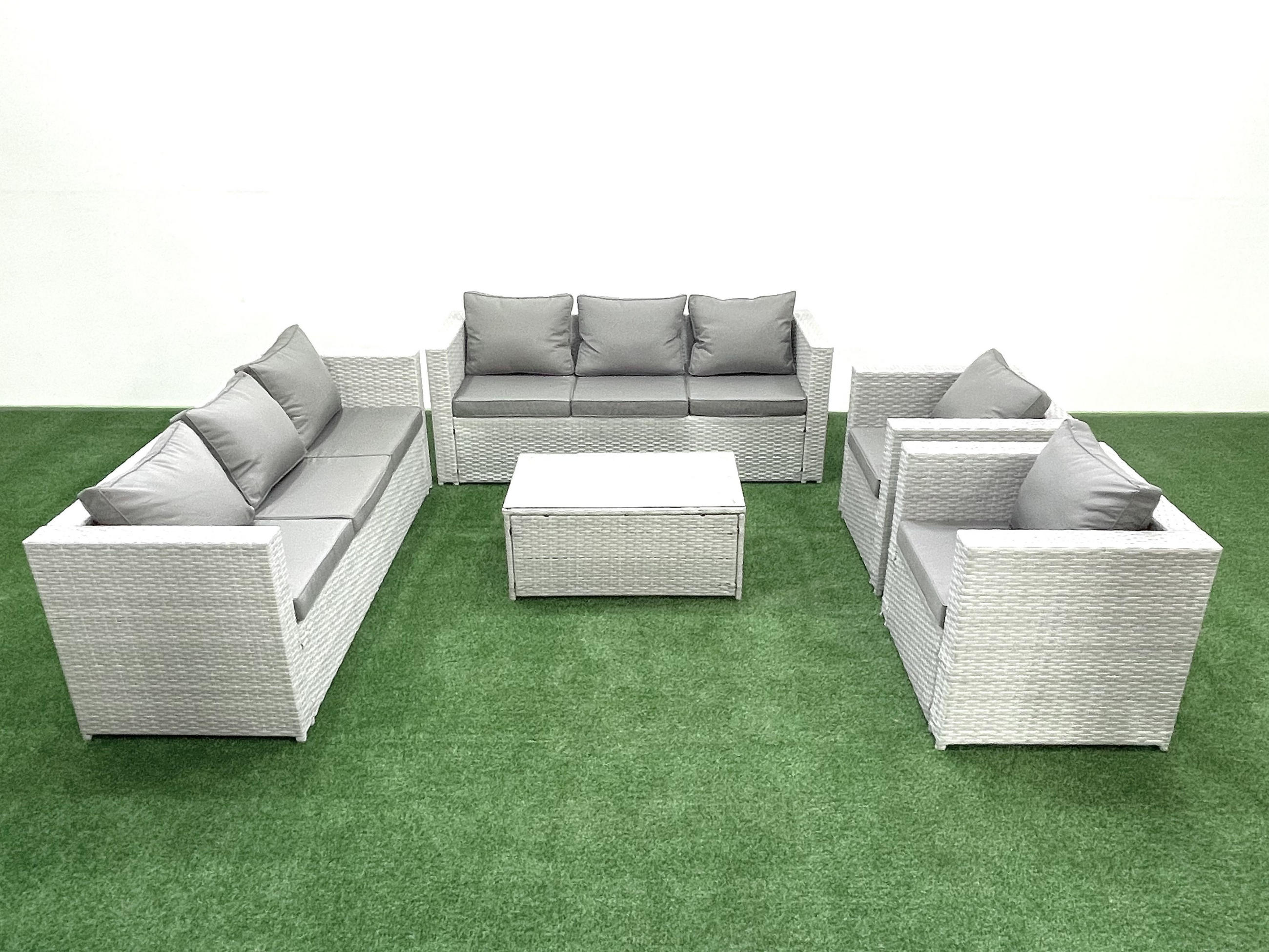 GARTENGARNITUR mit 3-SITZER SOFA,COUCHTISCH Polyrattan Hellgrau-Mix 8-Sitzer - Hellgrau/Grau, Glas/Kunststoff - Fimous