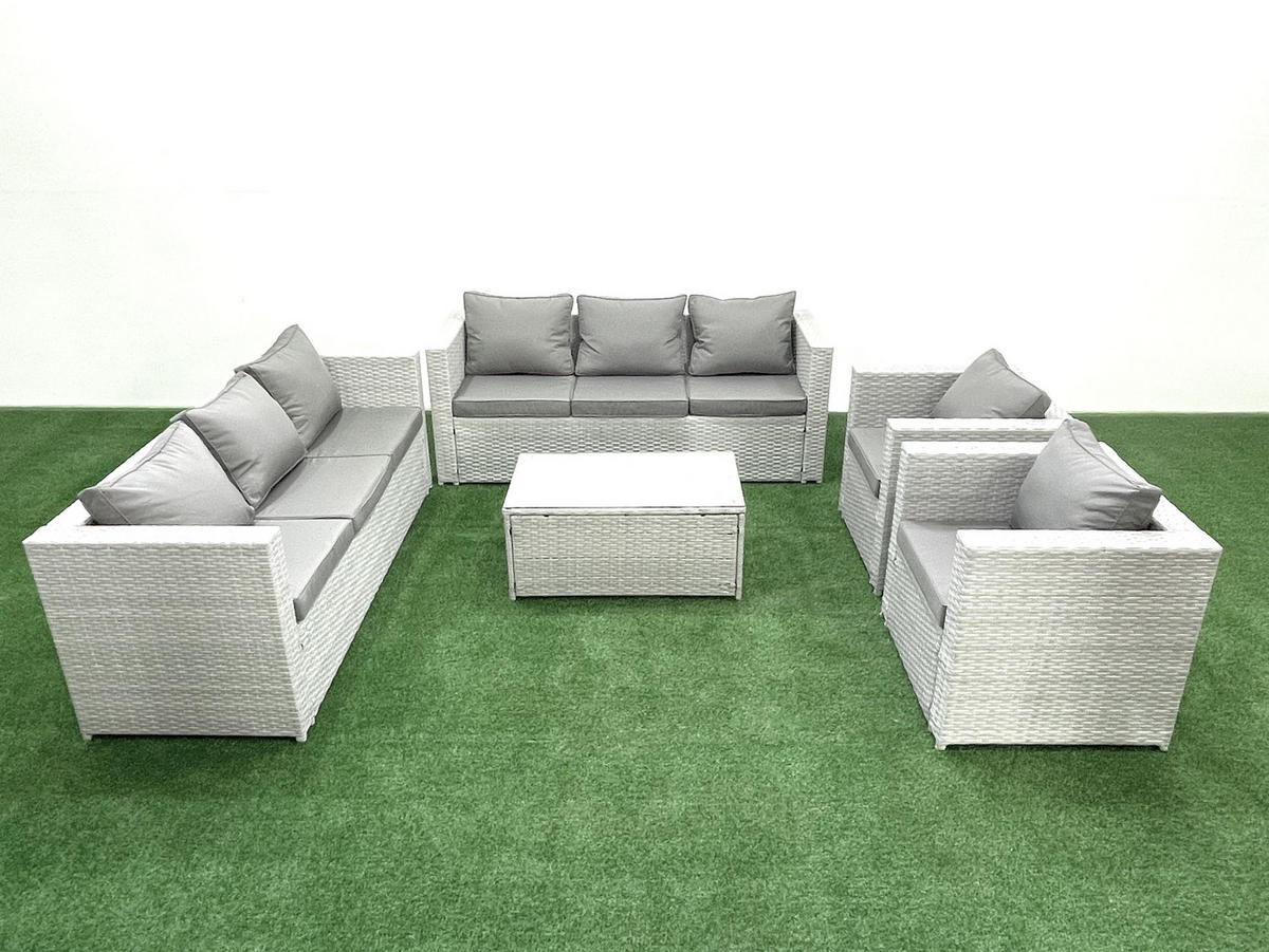 GARTENGARNITUR mit 3-SITZER SOFA,COUCHTISCH Polyrattan Hellgrau-Mix 8-Sitzer - Hellgrau/Grau, Glas/Kunststoff - Fimous