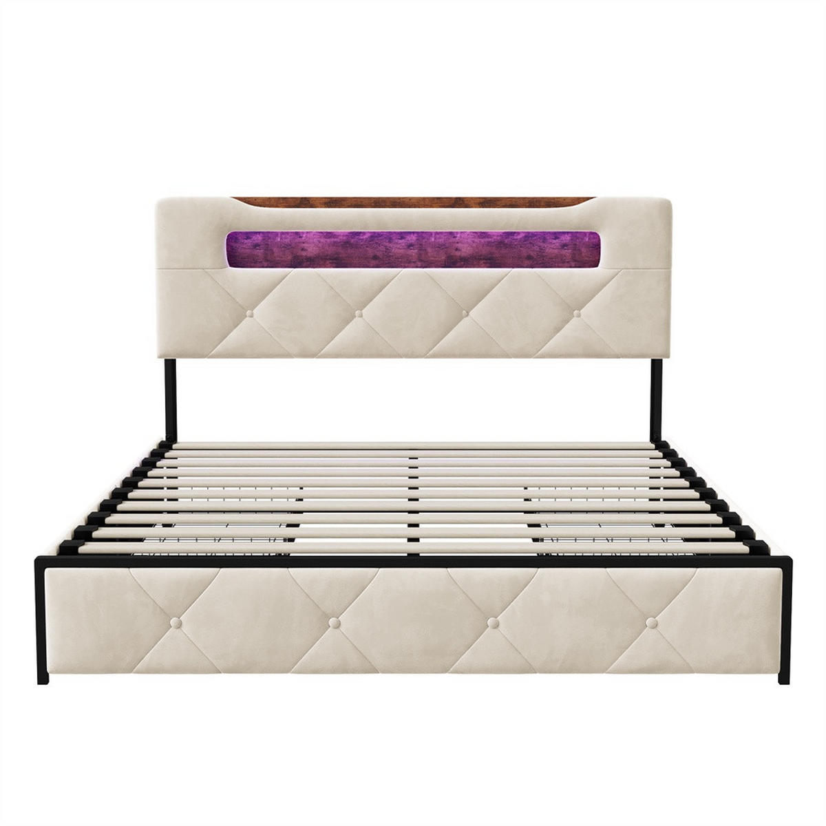 POLSTERBETT 160x200 cm - Doppelbett mit Stauraumkopfteil - 4 Schubladen und LED-Beleuchtung - ohne Matratze - Beige - Beige, Textil (160/200cm) - DELFA