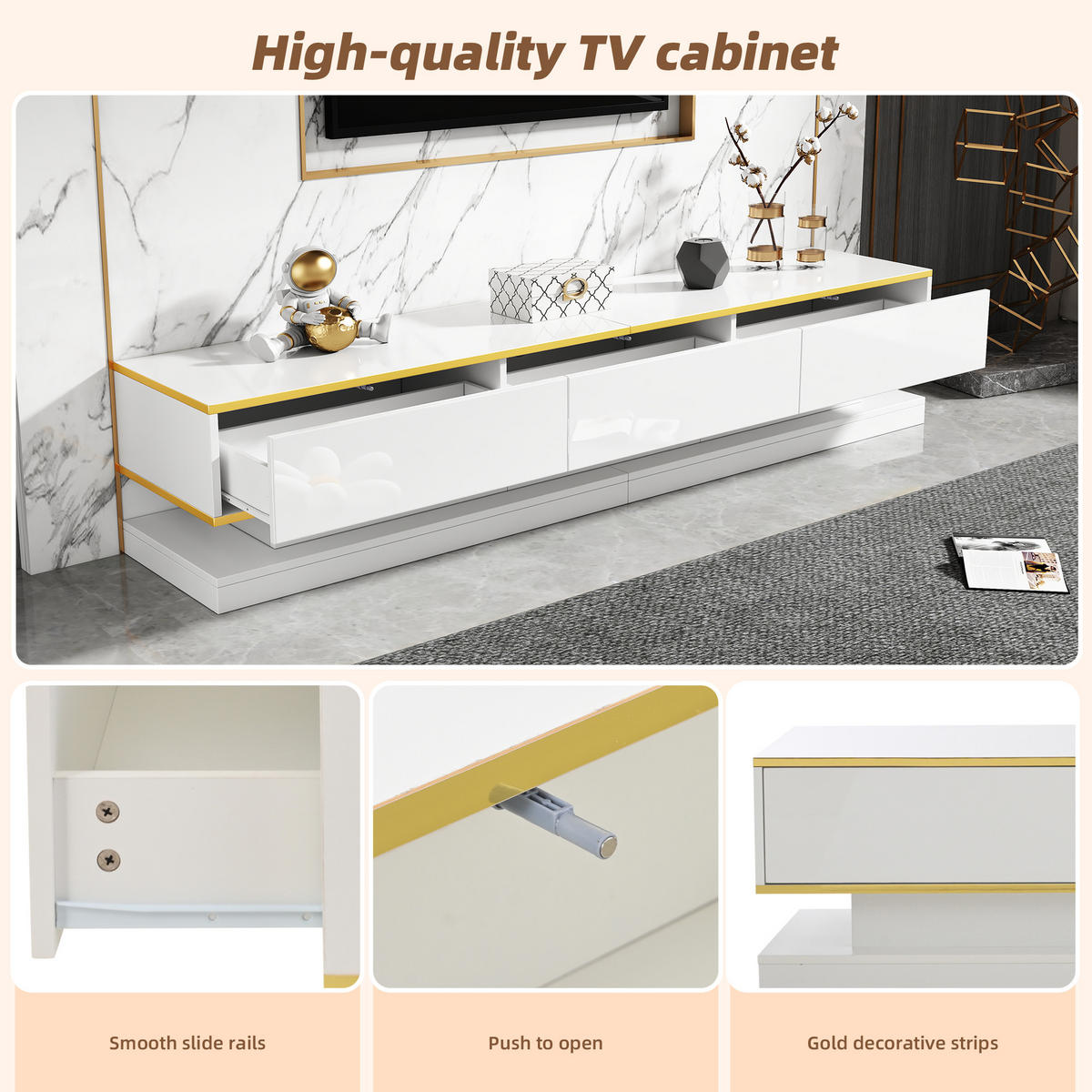 TV-SCHRANK 200x40cm Lowboard 3 Schubladen Hochglanz Weiß goldene Kante - Weiß, Holz (50.5/14/112.5cm) - FLIEKS