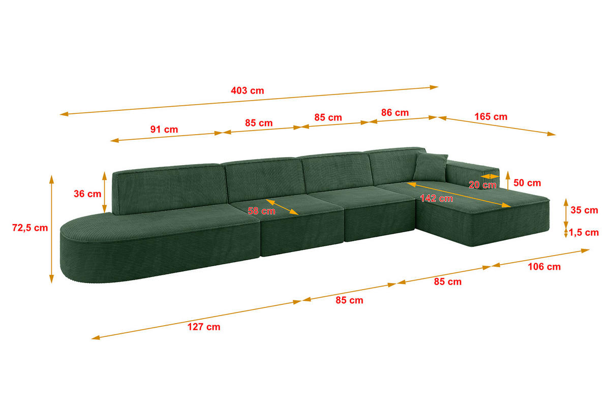 ECKSOFA Ottomane Rechts IREA-L3-v4 - 403x165x72,5 cm Grün - Grün, Holzwerkstoff/Textil (403/165cm) - ALTDECOR