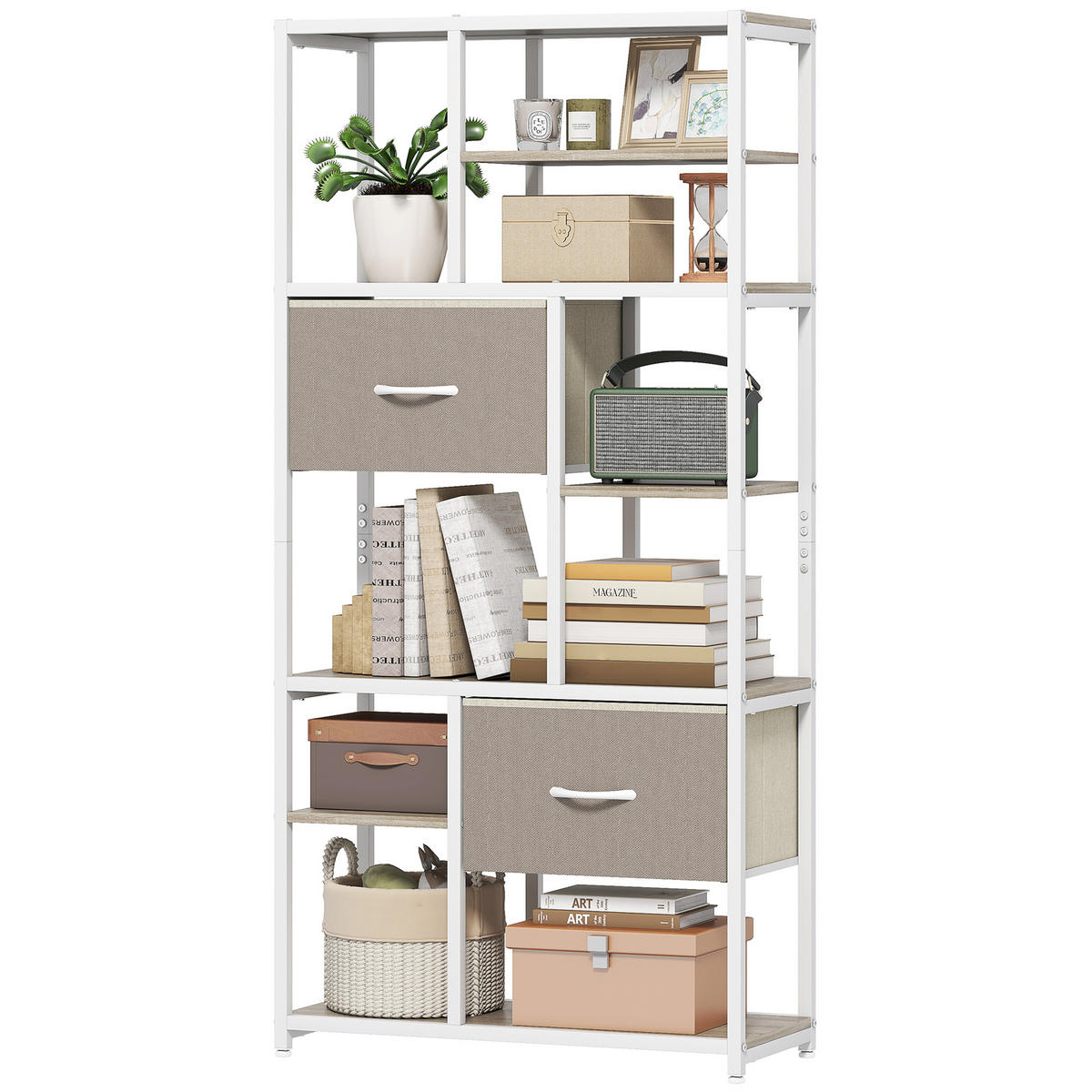 REGAL DE-15550 72,5/30/150 cm, 6 Ebenen mit 2 Stoffschubladen Weiß - Eichefarben, Metall (72.5/150/30cm) - ComfortXL