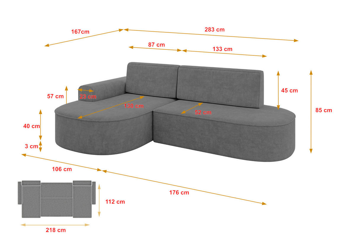 ECKSOFA mit Schlaffunktion und Bettkasten Ottomane Links MARI-L1-S - 283x167x85 cm Dunkelgrau Velours - Dunkelgrau/Schwarz, Holzwerkstoff/Kunststoff (283/167cm) - ALTDECOR