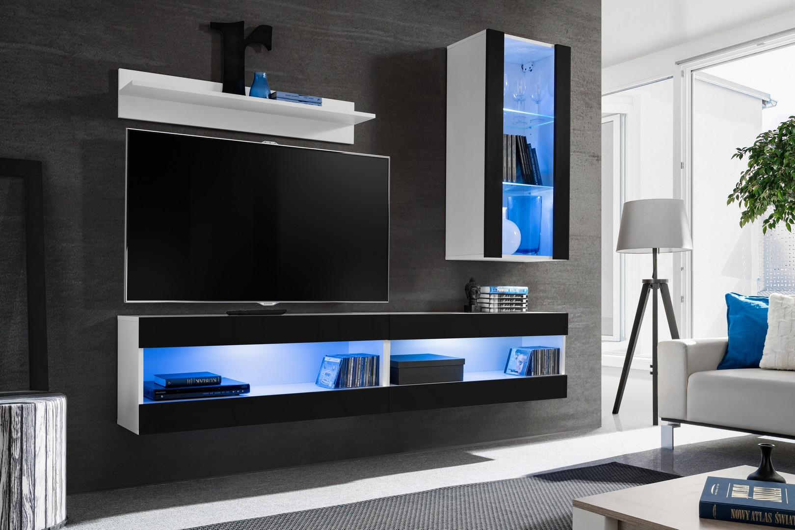 WOHNWAND TIVOLI SET5-WHITE/BLACK+BLU Offener Raum Weiß Schwarz - Schwarz/Weiß, Glas/Holzwerkstoff (200/195/35cm) - Komodee