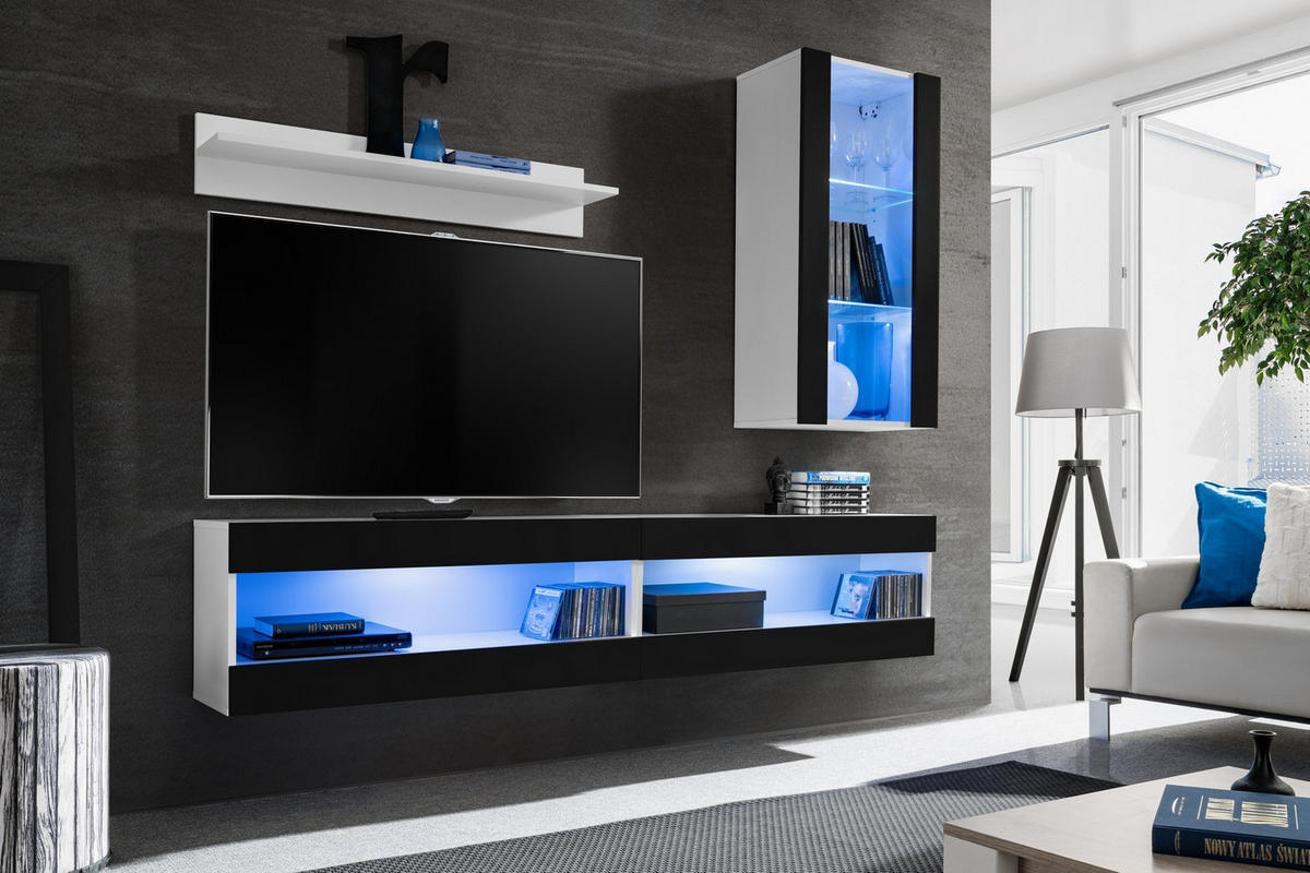 WOHNWAND TIVOLI SET5-WHITE/BLACK+BLU Offener Raum Weiß Schwarz - Schwarz/Weiß, Glas/Holzwerkstoff (200/195/35cm) - Komodee