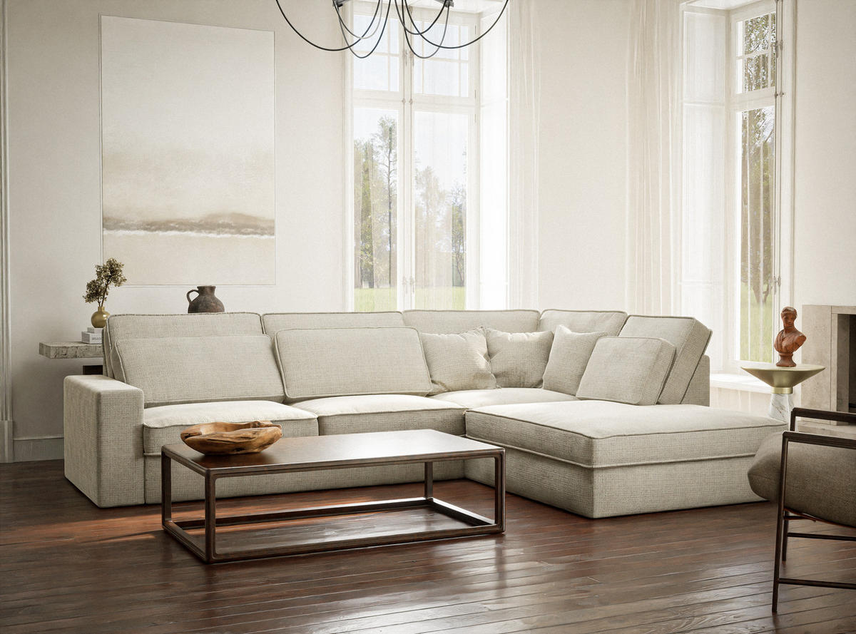 ECKSOFA Kirou Beige grau Chenille-Stoff - Rechts Seite - Greige/Schwarz, Holz/Holzwerkstoff (311/225cm) - Maison de Reve