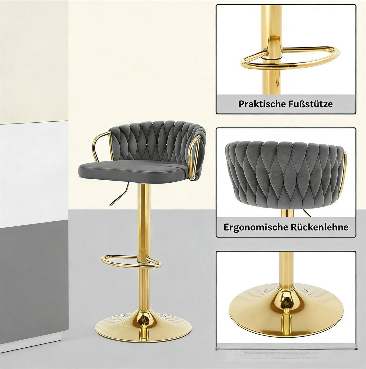 BARHOCKER höhenverstellbar mit Armlehnen 49,5 x 50,5 x 77-98 cm Samt Dunkelgrau - Dunkelgrau, Metall (49.5/98/50.5cm) - Meubliv