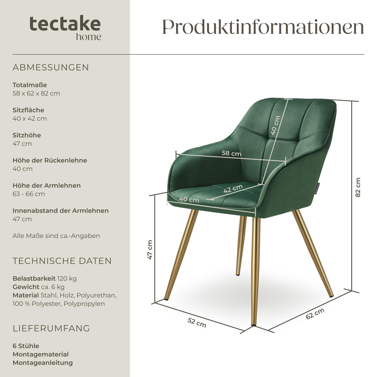 ESSZIMMERSTUHL 6er Set Marilyn 58 x 62 x 82 cm dunkelgrün/gold - Dunkelgrün/Goldfarben, Kunststoff (58/82/62cm) - tectake