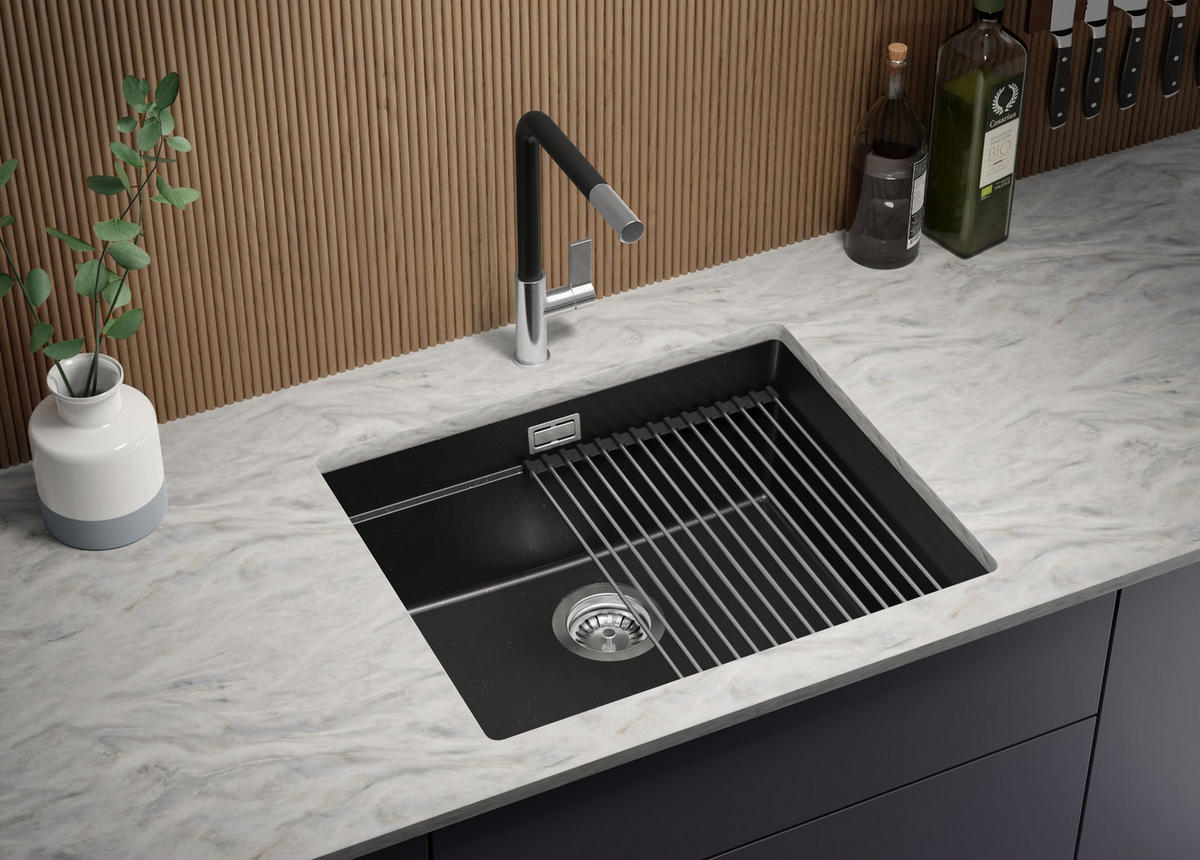 UNTERBAUSPÜLE GRANIT Praga, 2-er set Schwarz Metallic 56/47 cm 1 Becken + Ablauf-Set + Aufrollbare Abtropffläche ab 60er Unterschrank - Chromfarben/Schwarz Hochglanz, Kunststoff (56/20/47cm) - Primagran