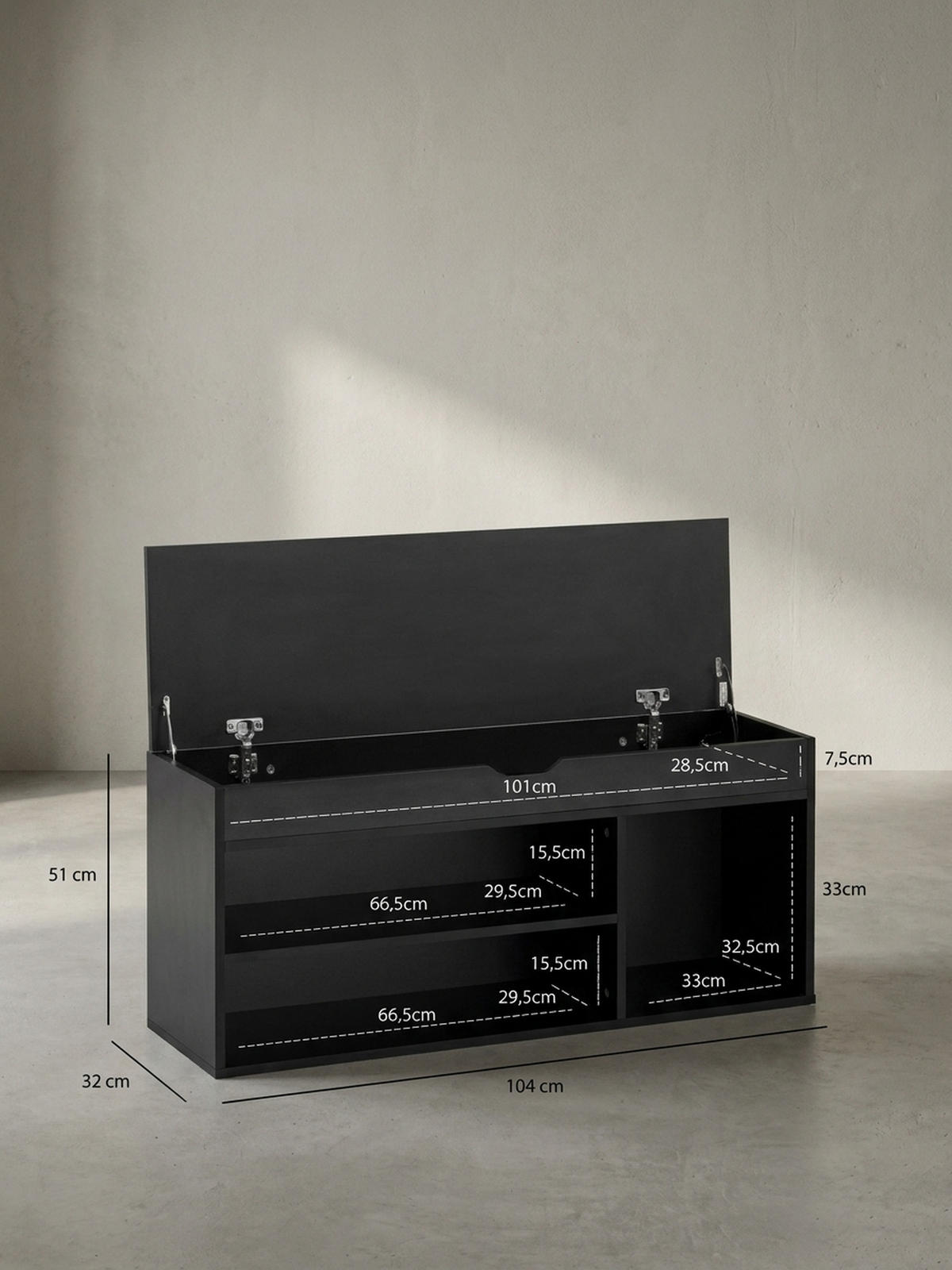 SCHUHBANK – Kunstleder/Holz, 104x51x32 cm, Schwarz, mit Stauraum - Schwarz, Holzwerkstoff/Textil (104/51/32cm) - KADIMA DESIGN