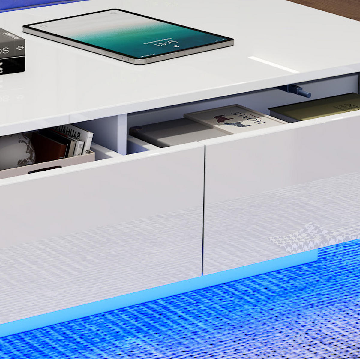 COUCHTISCH 115/55/34 cm in Weiß aus Spanplatte mit LED-Beleuchtung und 2 Schubladen - Weiß, Holzwerkstoff (115/55/34cm) - OKMYHOME