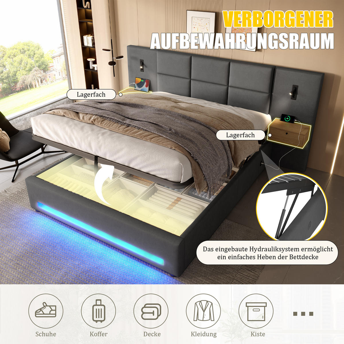 POLSTERBETT 180/200 cm in Dunkelgrau Samt mit Bettkasten, LED, USB-C und Schubladen - Dunkelgrau, Holzwerkstoff/Textil (180/200cm) - CHICFURN
