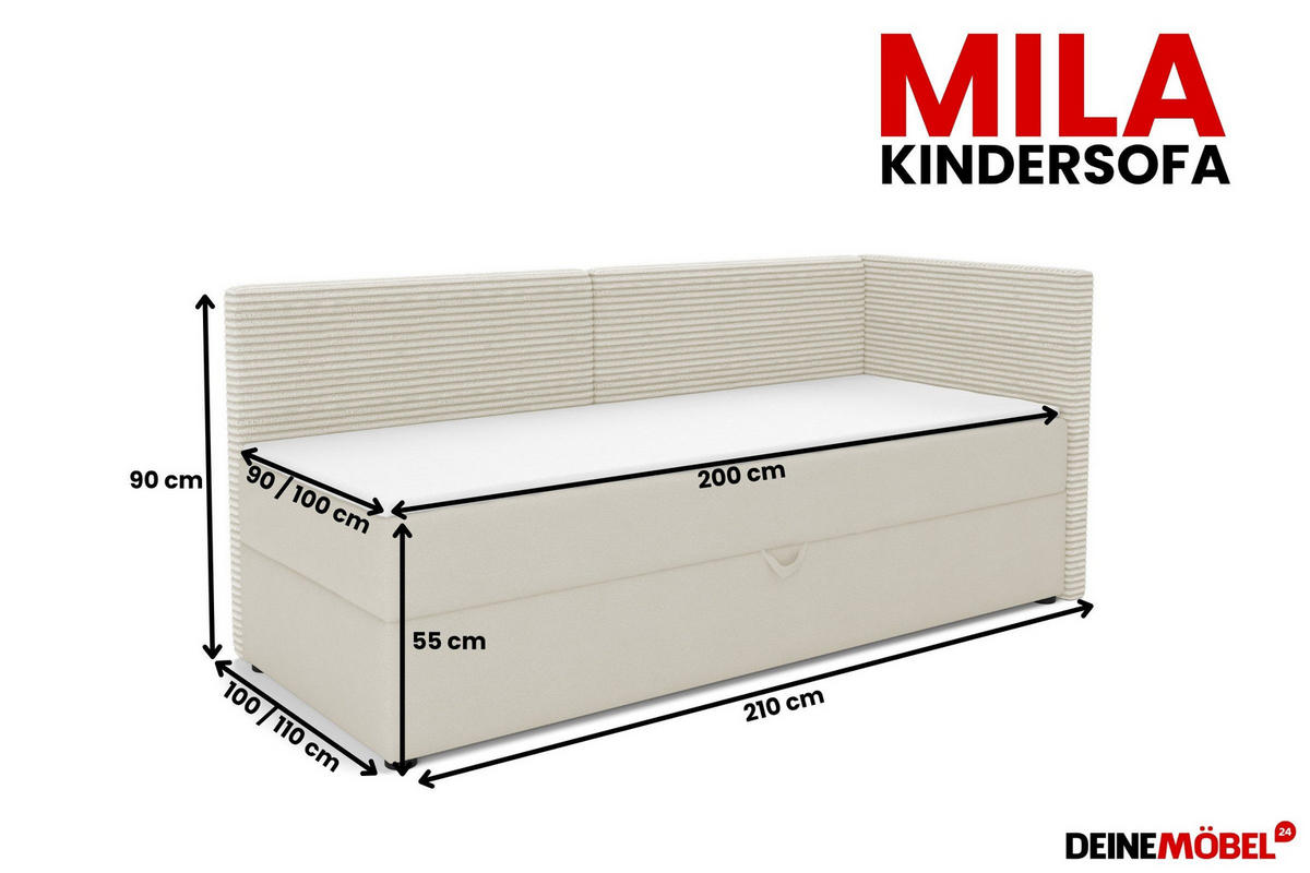BOXBETT MILA 100/200 in Cord/Velours Ecru H3 links - Ecru, Holz/Holzwerkstoff (100/200cm) - Deine Möbel 24