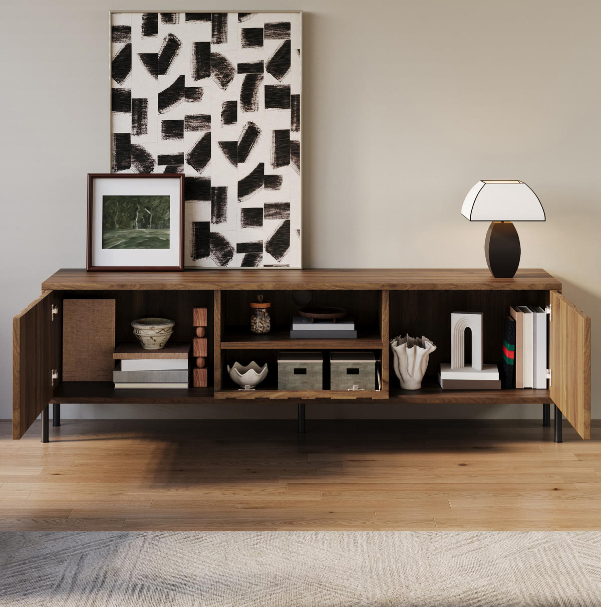 TV stolek 160/35/46 cm přírodní z MDF s vlnitými dvířky a úložným prostorem - přírodní, kompozitní dřevo (160/46/35cm) - OKWISH