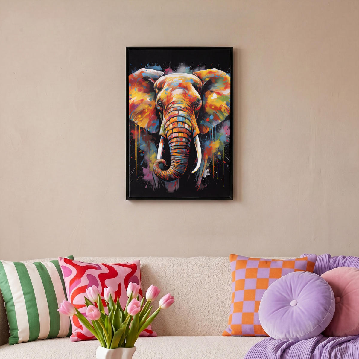 LEINWAND Bilder mit Rahmen - Elefant - Graffiti - Schwarz - Tiere - Farben - 40x60 - Schwarz, Textil (40/60cm) - MuchoWow