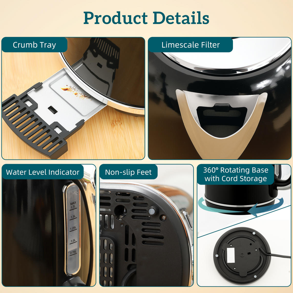 WASSERKOCHER Toaster Set 1,7L Edelstahl Wasserkocher 2 Scheiben Toaster Schwarz - Schwarz, Kunststoff (15.9/24.8/23.2cm) - HOMCOM