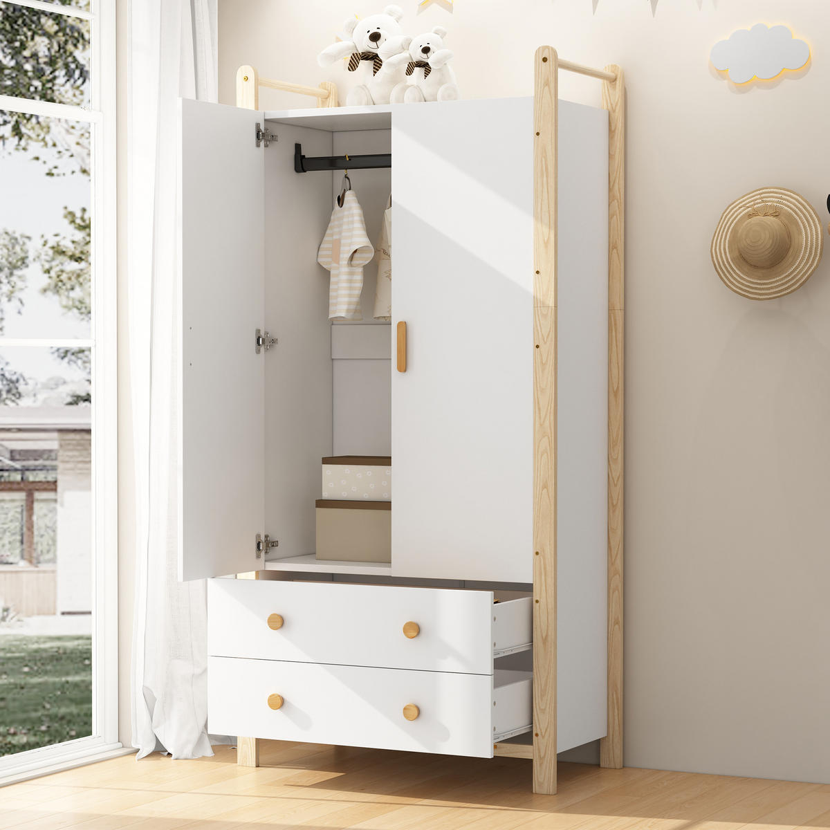 KLEIDERSCHRANK 90x45x180cm Weiß + Kiefer Spanplatte 2 Türen 2 Schubladen - Weiß, Holz (45/180/90cm) - FLIEKS