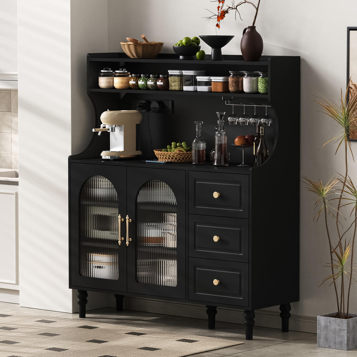 BUFFET in Schwarz mit Weinglashaltern und Stauraum für Esszimmer und Küche, B120/T40/H138.5 cm - Transparent/Schwarz, Glas/Holzwerkstoff (120/138.5/40cm) - STILVORA