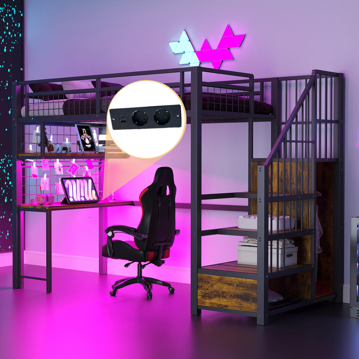 HOCHBETT 90/200 cm Schwarz mit Lichtleiste und Stauraumleiter - Schwarz, Metall (90/200cm) - OKWISH