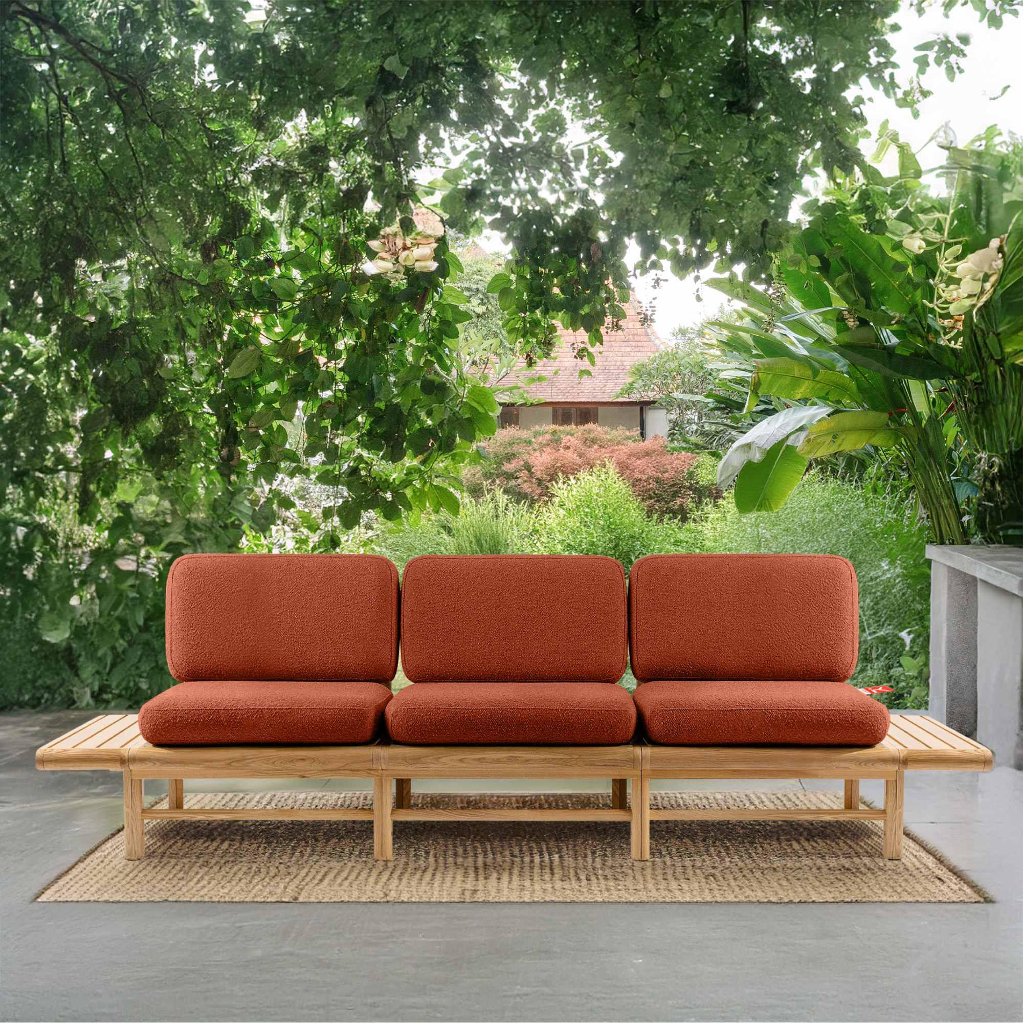 GARTENSOFA ATREDA 3-Sitzer, mit beideseitig Ablagen - Orange, Holz/Textil (260/74/80cm) - KONSIMO®