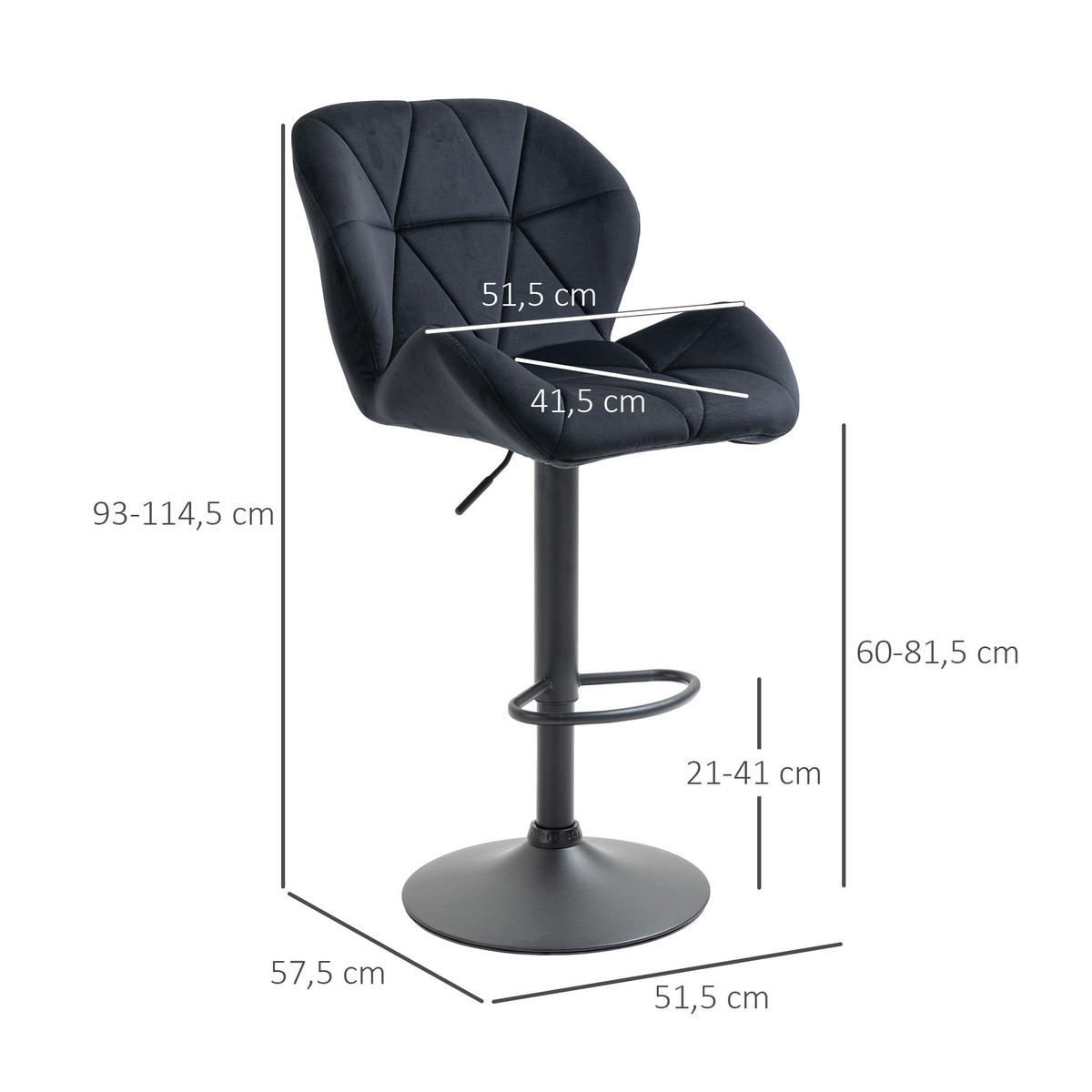 BARHOCKER, Samtartiges Polyester Schwarz - Schwarz, Kunststoff (57.5/93/51.5cm) - HOMCOM