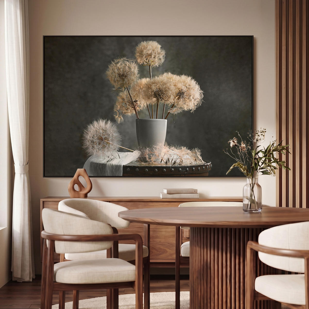 LEINWAND Bilder mit Rahmen - Blumensamen - Löwenzahn - Vase - Stilleben - Blumenstrauß - 150x100 - Dunkelgrau, Textil (150/100cm) - MuchoWow