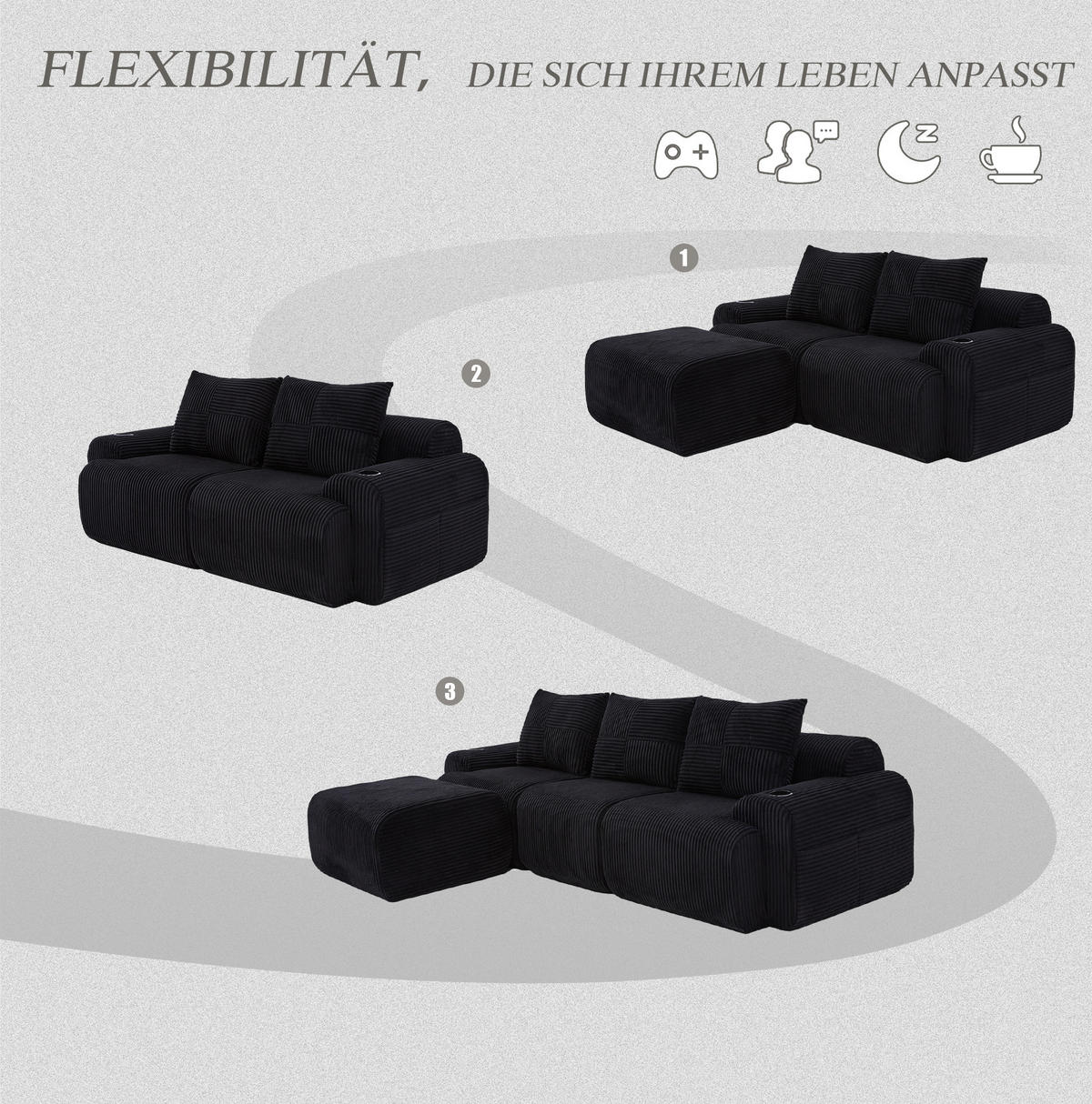 MODULARES 3-Sitzer Sofa Cordstoff mit Getränkehalter und Seitentasche 268/174/80 cm Schwarz - Schwarz, Textil (174/268cm) - Redom
