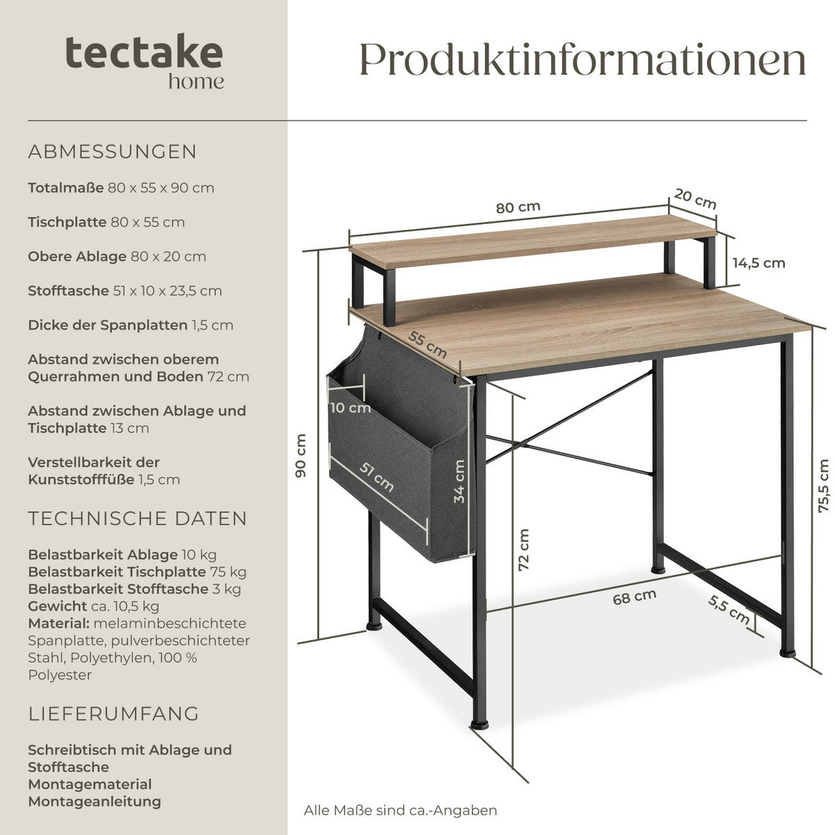 SCHREIBTISCH Everett, 80 x 55 x 90 cm, Industrial Holz hell, Eiche Sonoma - Naturfarben, Holzwerkstoff (55/80/90cm) - tectake
