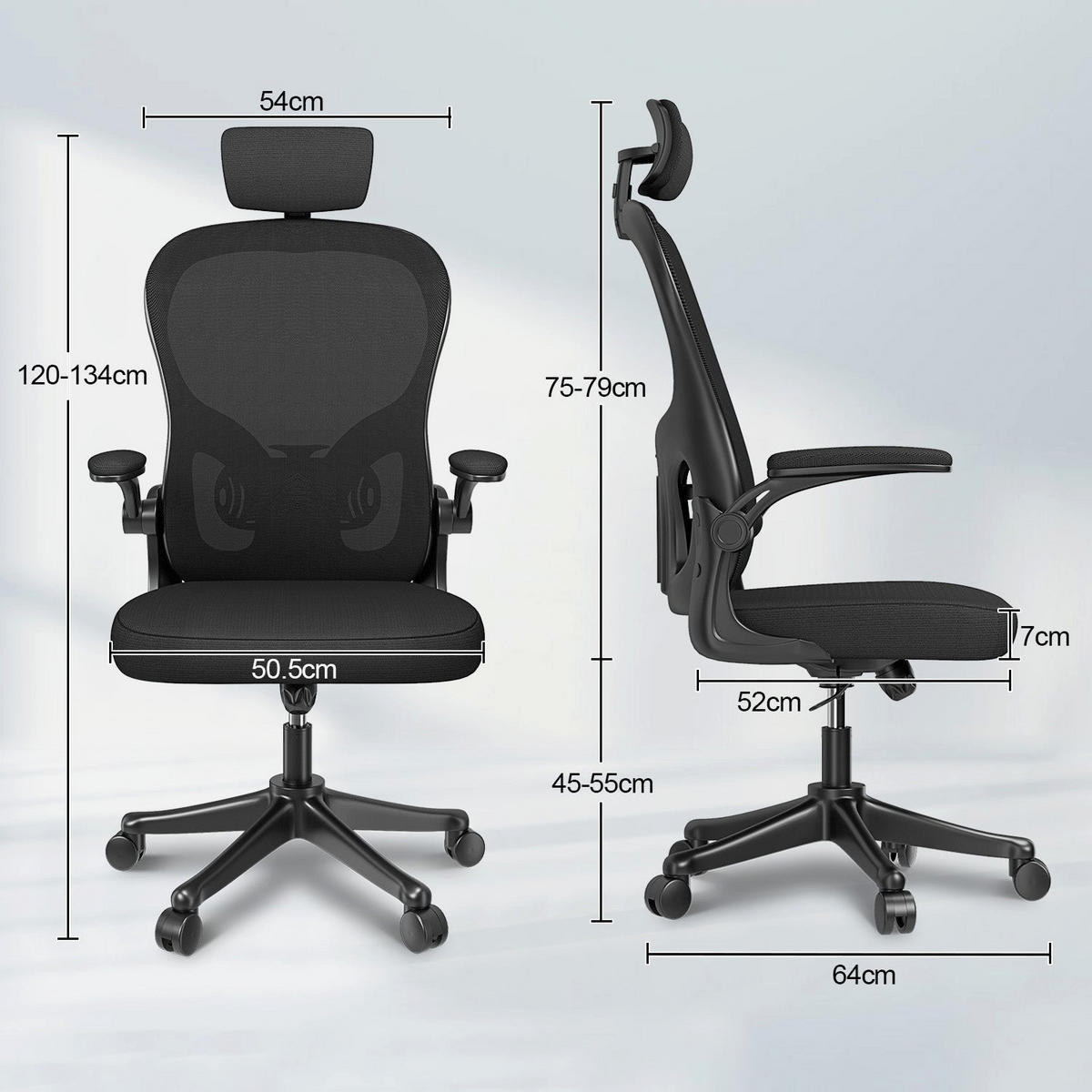 BÜROSTUHL ergonomisch, höhenverstellbar, klappbare Armlehnen, Kopfstütze – Schwarz - Schwarz, Metall (50.5/134/52cm) - Rattantree