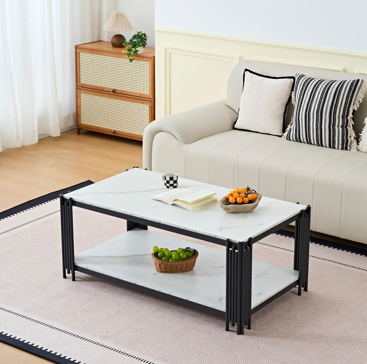 COUCHTISCH mit 2 Ablagen Marmoroptik Weiß-Schwarz - Weiß, Metall (114/64/46cm) - Meubliv