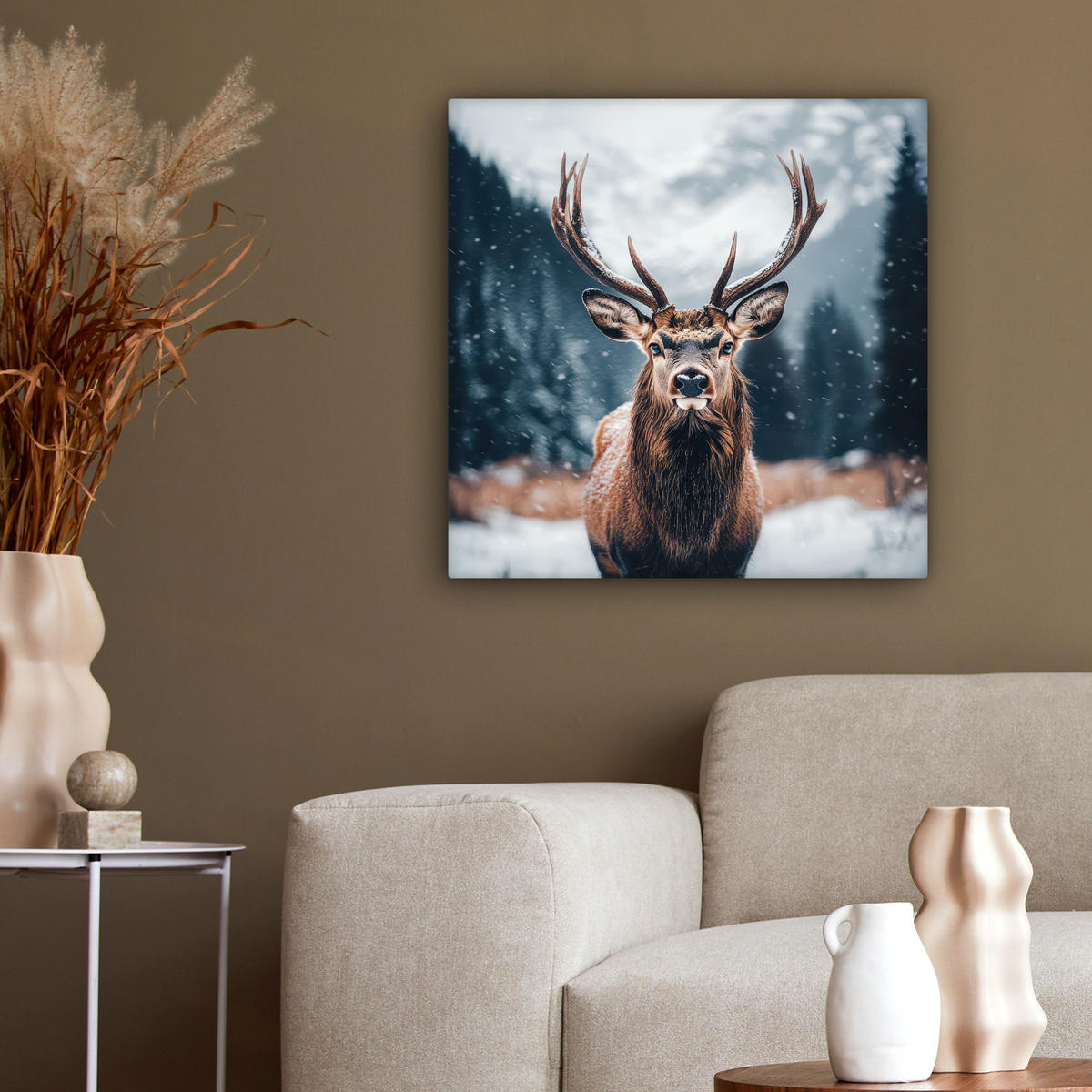 LEINWANDBILD Hirsche - Tiere - Landschaft - Winter - Schnee 50x50 cm - Kastanienfarben, Textil (50/50cm) - MuchoWow