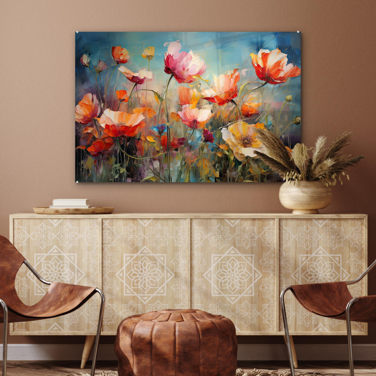 ACRYLGLASBILD Blumen - Aquarell - Kunst - Botanisch - Natur 90x60 cm - Orange, Glas (90/60cm) - MuchoWow
