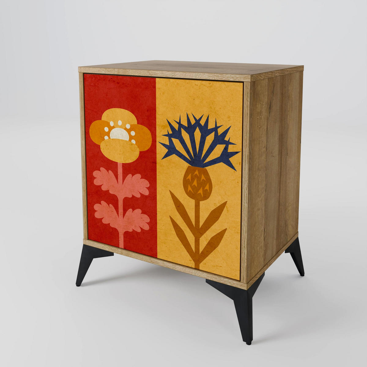 SIDEBOARD SCANDIC FLOWERET, Eichefarben, 57,5x42x77,5 cm, Schräge Buchenholzfüße - Eichefarben/Buchefarben, Holzwerkstoff/Buchenholz (57.5/77.5/42cm) - SpaceRebels