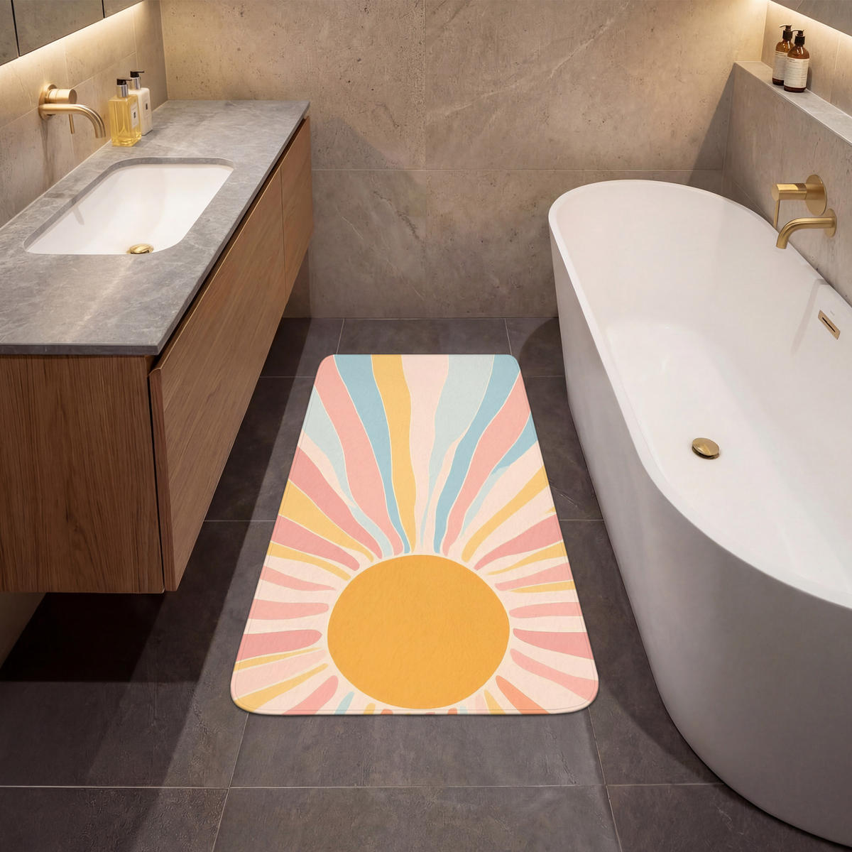 BADEMATTE Illustration - Sonne - Pastellfarben 60x120 cm - Pastellblau, Kunststoff/Textil (60/120cm)