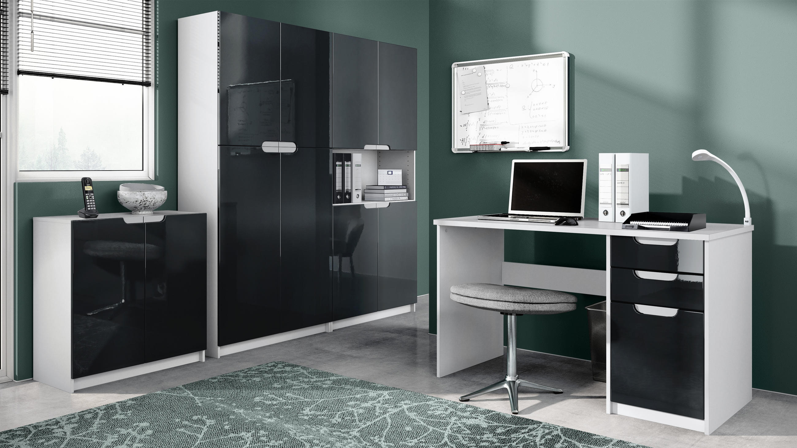 Thumbnail - Vladon Büromöbelset, Schwarz Hochglanz, Holzwerkstoff, 246x185x60 cm, Arbeitszimmer, Aktenschränke