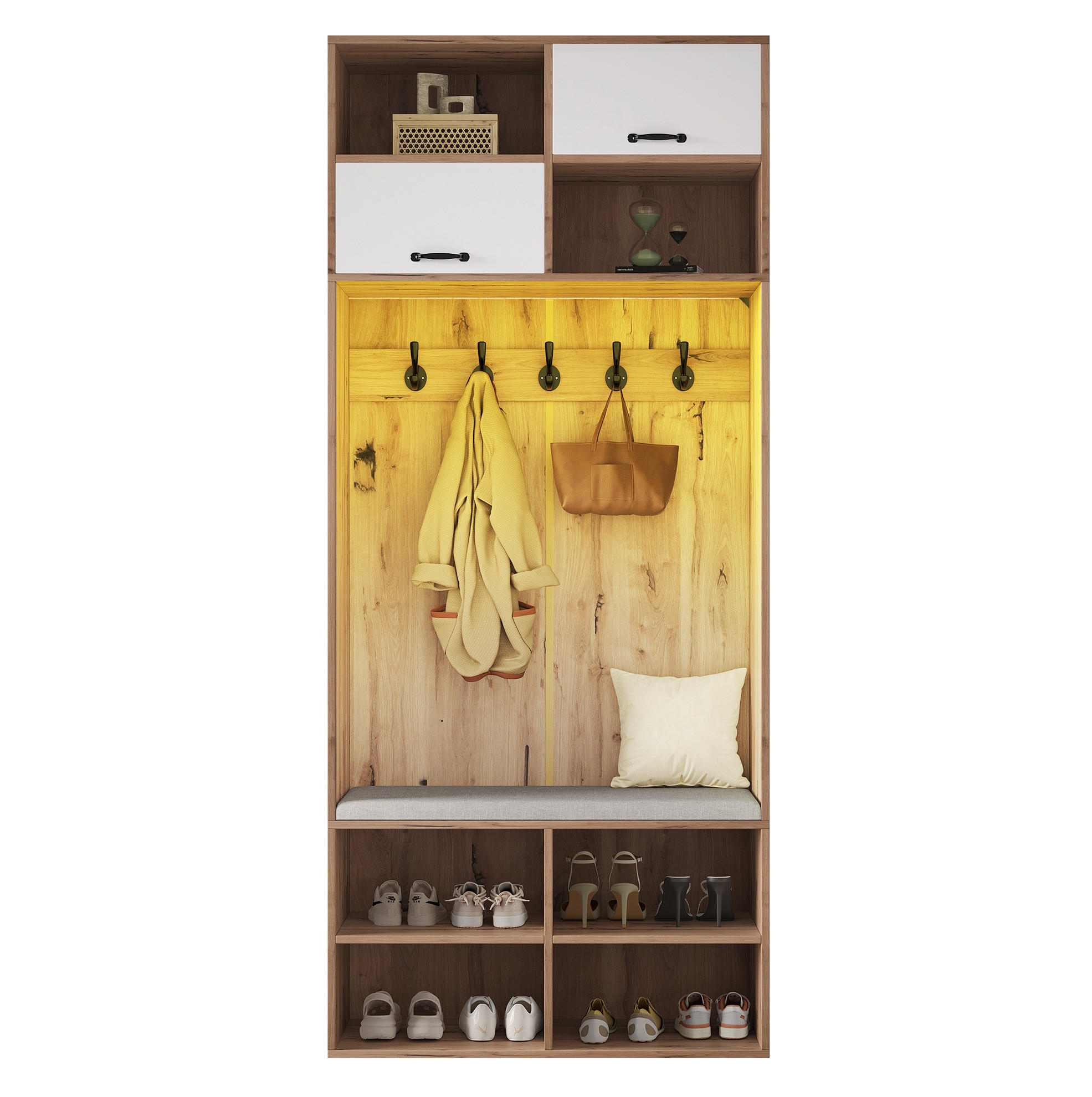 DIELENGARDEROBE mit Sitzbank, 5 Haken und Stauraum, Weiß/Natur, 80/35/185 cm - Naturfarben, Holzwerkstoff (80/185/35cm) - BEAOK