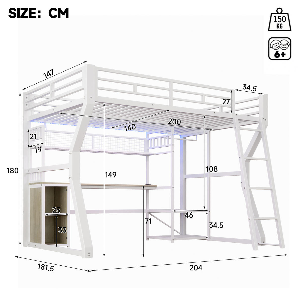 HOCHBETT 140/200 cm, Weiß mit Schreibtisch, Lichtleiste und Steckdose - Weiß, Metall (140/200cm) - MIVRAY
