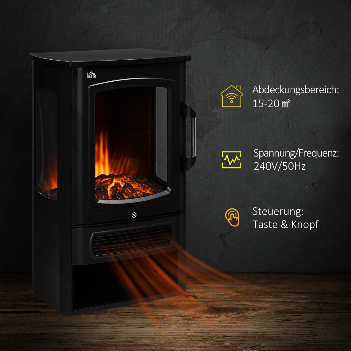 ELEKTROKAMIN, 1000/2000W, mit 2 Heizstufen, Stahl, Schwarz, 44,5 x 32 x 74 cm - Schwarz, Metall (32/74/44.5cm) - HOMCOM