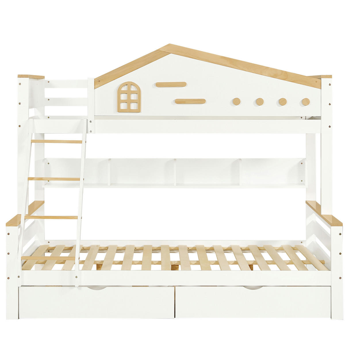 HAUSBETT 90/200 cm & 140/200 cm mit Regal und 2 Schubladen - Weiß, Holzwerkstoff (90/200cm) - Flora Grace