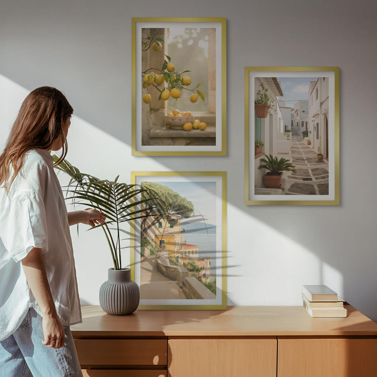 BILDER SET 3er Set - 40x60 cm Goldrahmen - Blick aus dem Fenster auf einen Zitrusbaum - Goldfarben, Kunststoff (40/60cm) - TULUP