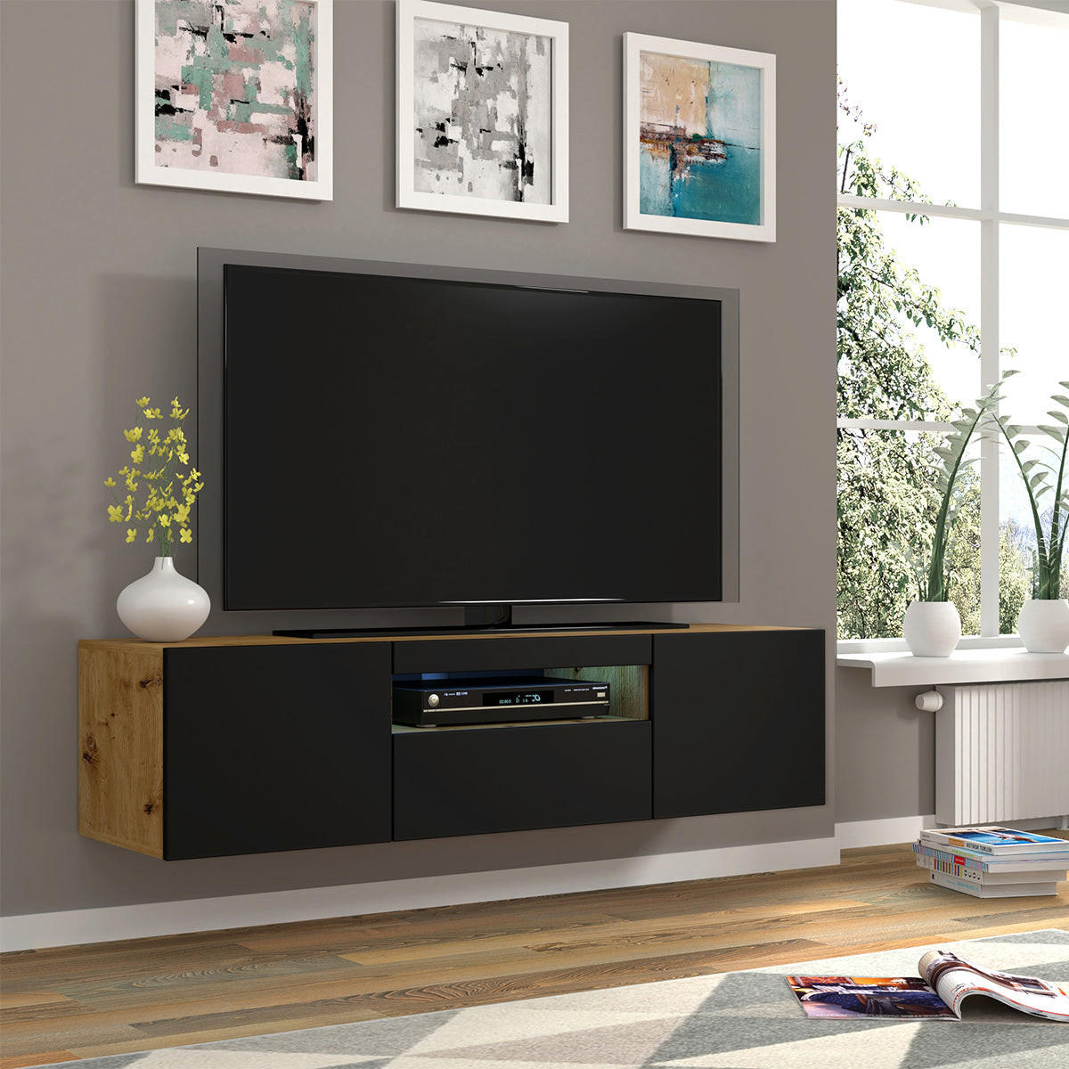 TV STOLÍK Aurus Drevo a čierna farba - čierna/farba duba, kompozitné drevo (150/36/37cm) - Petits-meubles